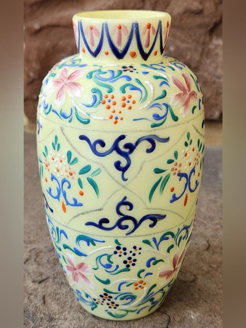 Antique 1800's Thomas Webb 6" Vase Moroccan Tapestry Hand Painted Opaline Glass - Picture 2 of 16